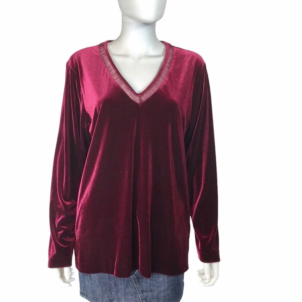 Liz Claiborne Velvet Tunic Blouse V-neck Maroon Large